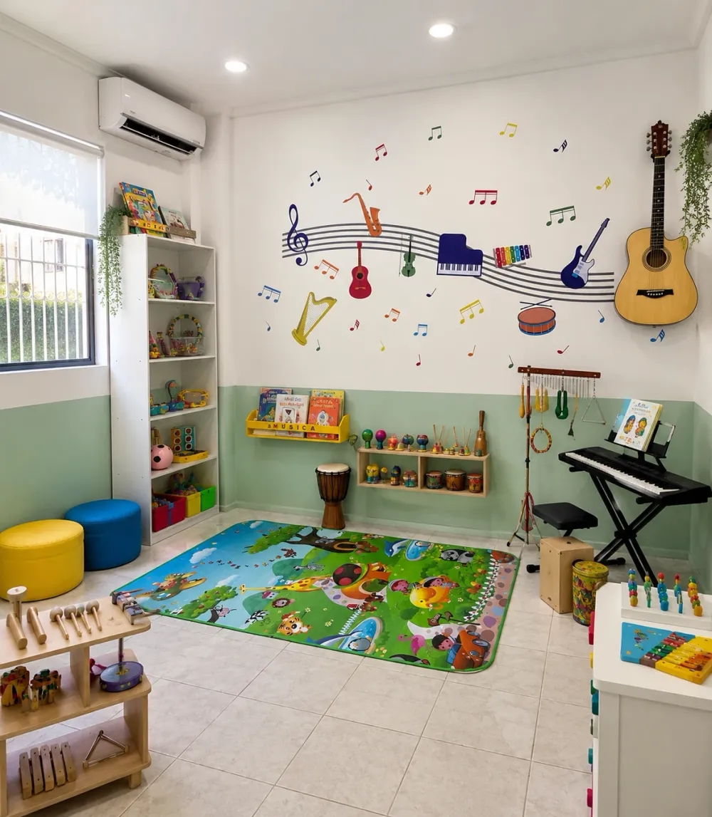 Sala de musicoterapia com instrumentos, teclado, violão e tapete lúdico